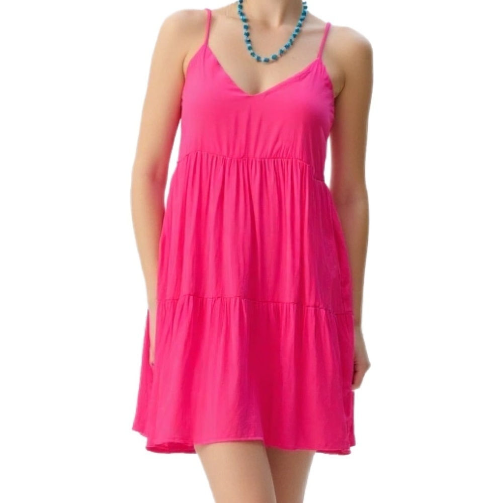 MILLIBON Vibrant Pink Tiered Mini Smock Dress Size Small